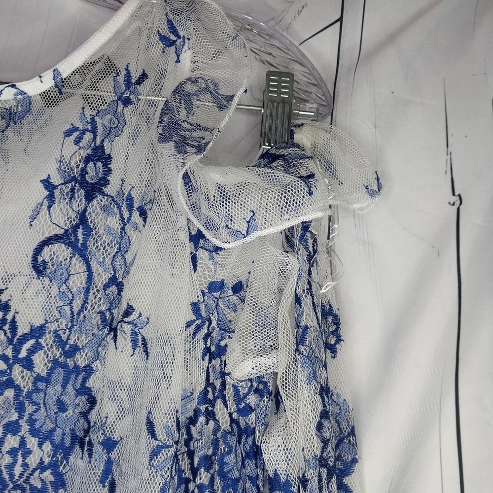Fashion Nova Sheer Cold Shoulder Blue And White Floral Lace Romantic Top - Picture 2 of 10